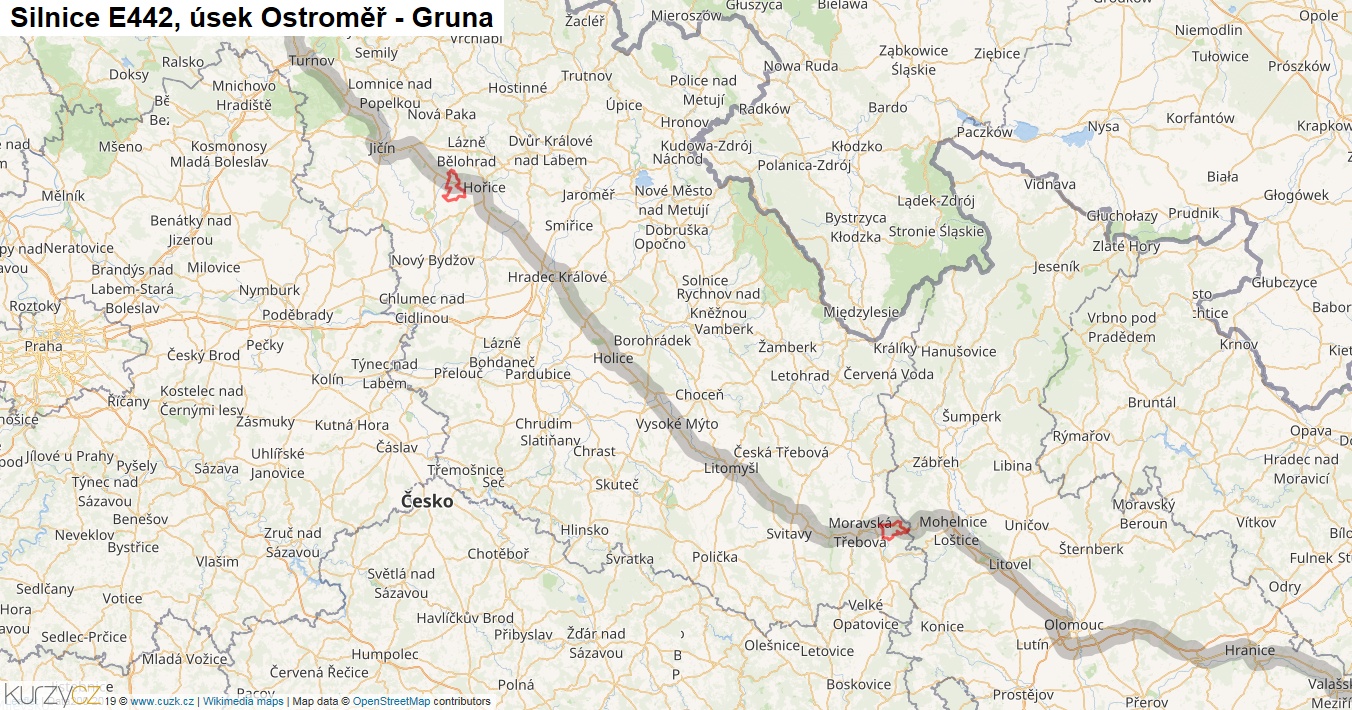 Úsek Ostroměř - Gruna, Silnice E442 - Mapa