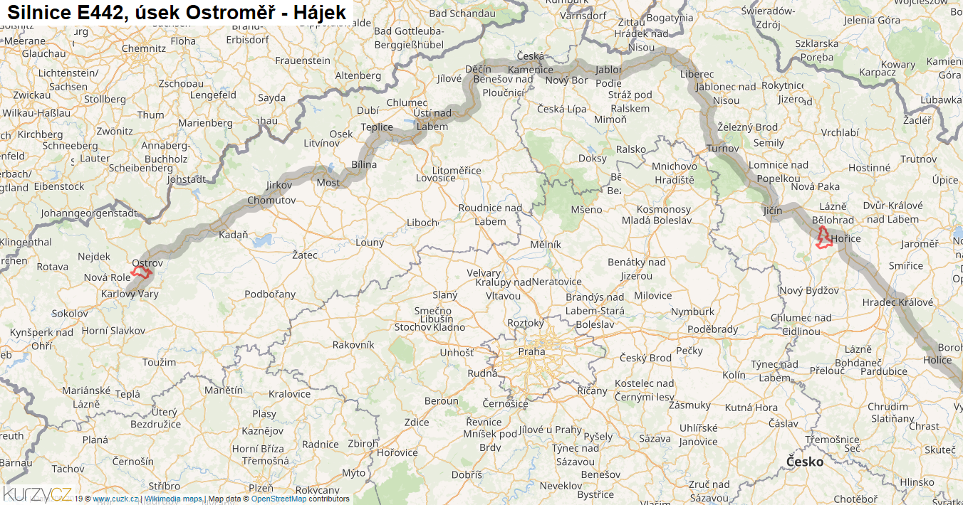 Úsek Ostroměř - Hájek, Silnice E442 - Mapa