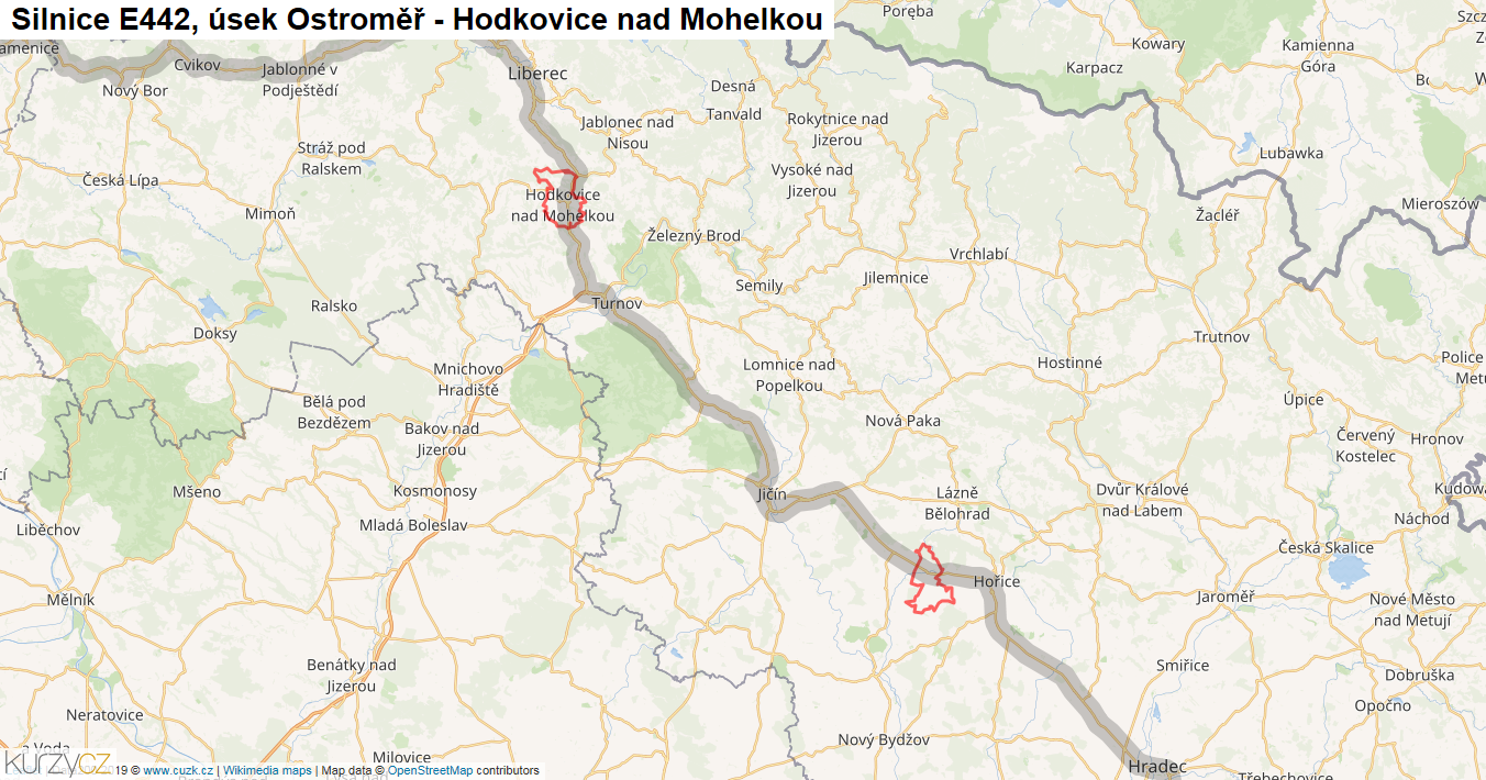 Úsek Ostroměř - Hodkovice nad Mohelkou, Silnice E442 - Mapa