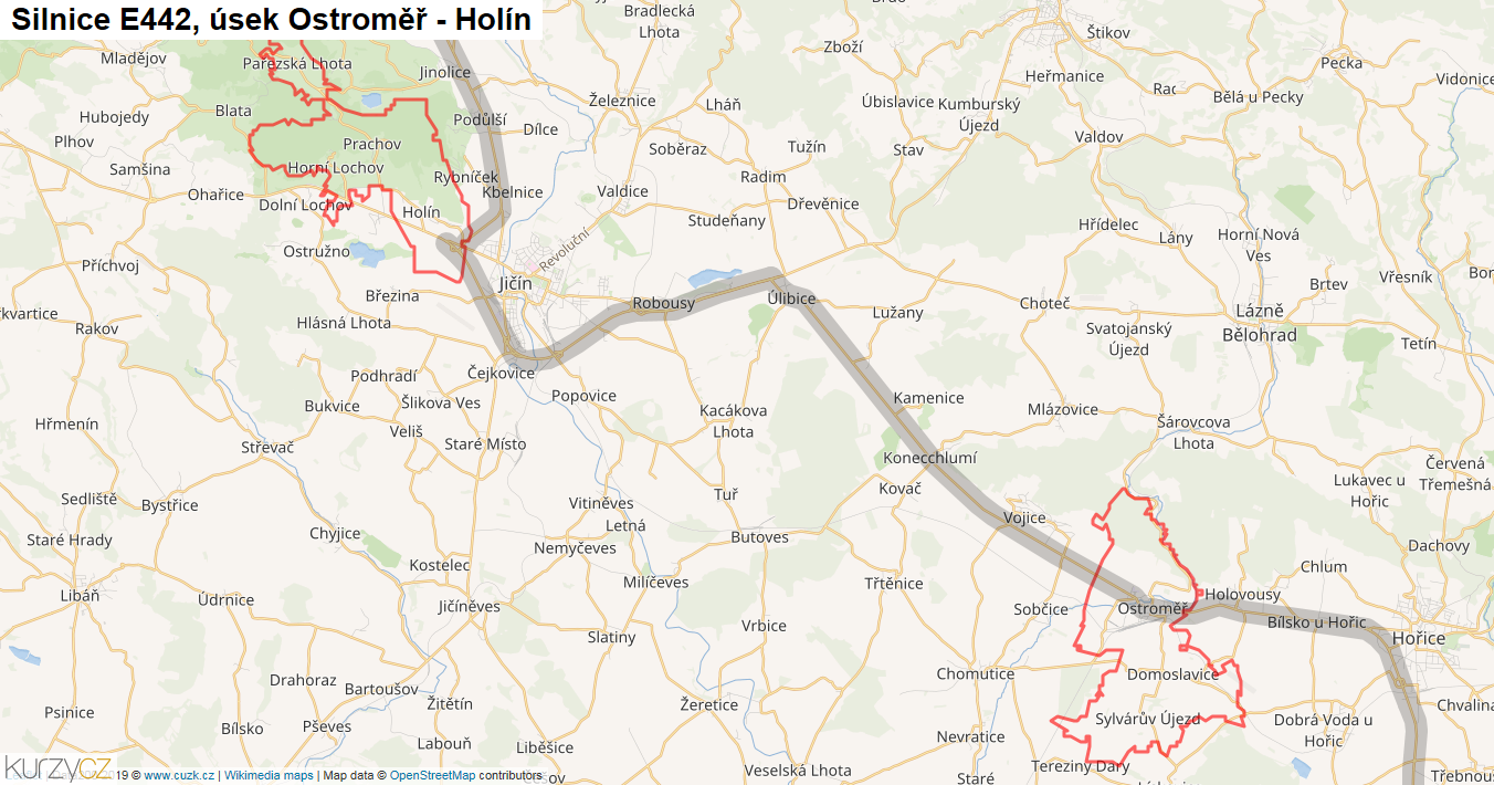 Úsek Ostroměř - Holín, Silnice E442 - Mapa