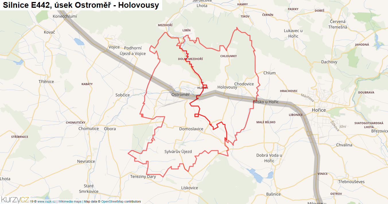 Úsek Ostroměř - Holovousy, Silnice E442 - Mapa
