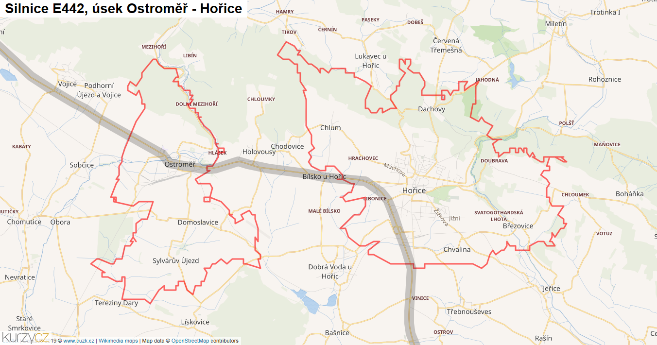 Úsek Ostroměř - Hořice, Silnice E442 - Mapa