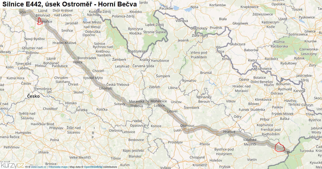 Úsek Ostroměř - Horní Bečva, Silnice E442 - Mapa