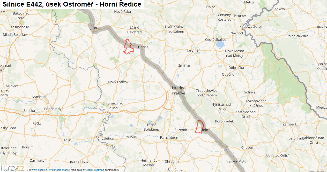 Úsek Ostroměř - Horní Ředice, Silnice E442 - Mapa
