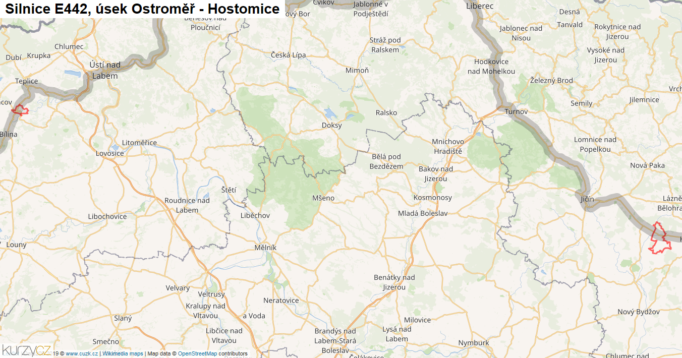 Úsek Ostroměř - Hostomice, Silnice E442 - Mapa