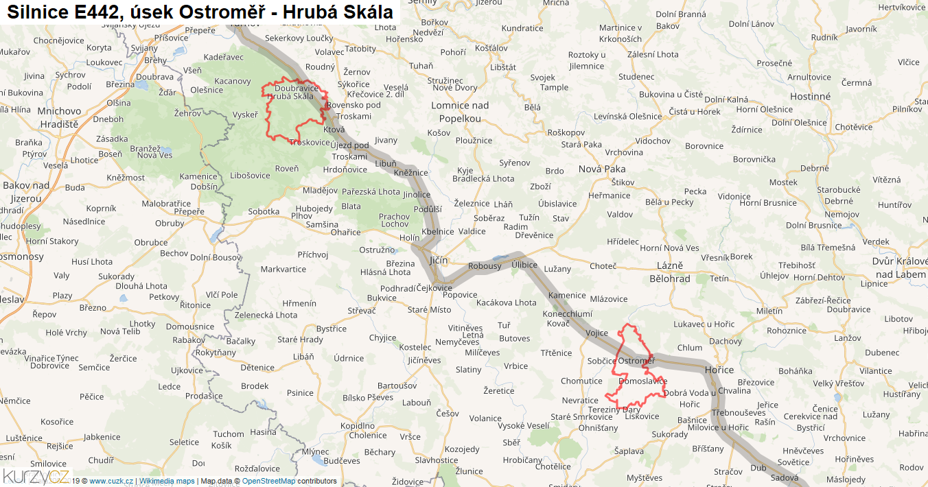 Úsek Ostroměř - Hrubá Skála, Silnice E442 - Mapa