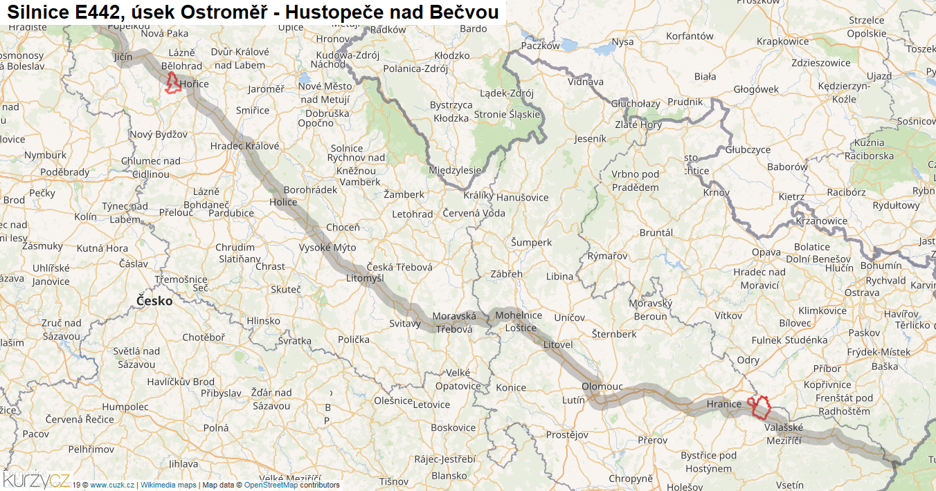 Úsek Ostroměř - Hustopeče nad Bečvou, Silnice E442 - Mapa