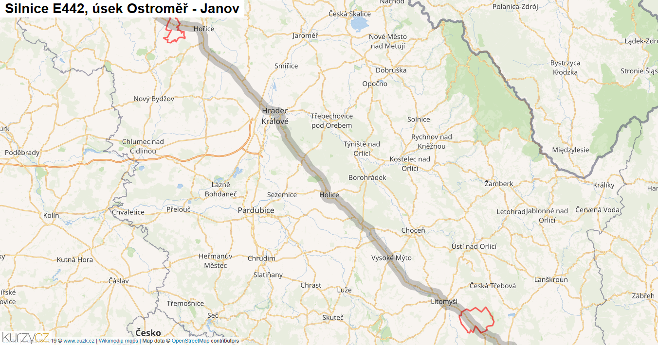 Úsek Ostroměř - Janov, Silnice E442 - Mapa