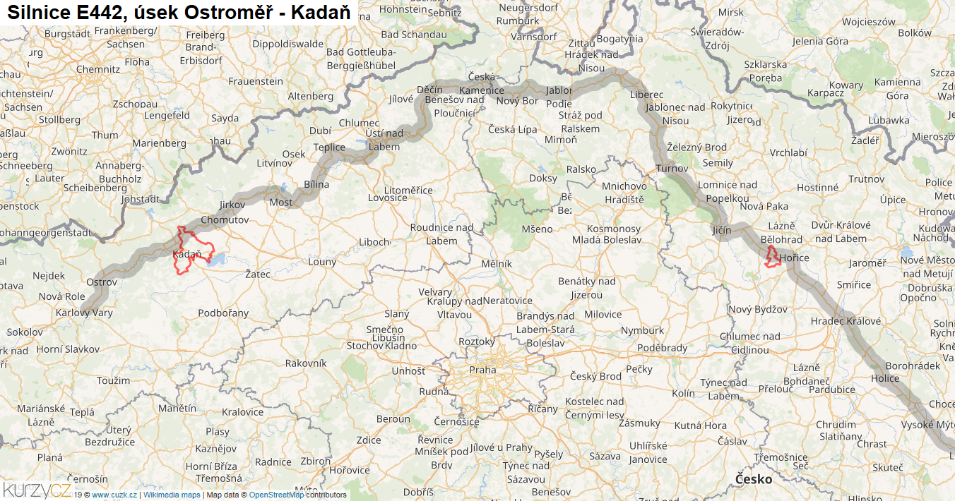 Úsek Ostroměř - Kadaň, Silnice E442 - Mapa