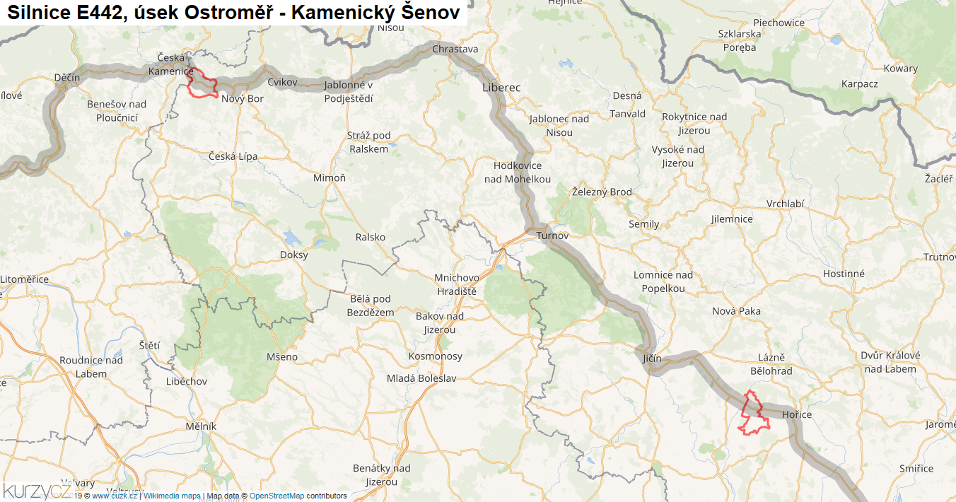 Úsek Ostroměř - Kamenický Šenov, Silnice E442 - Mapa