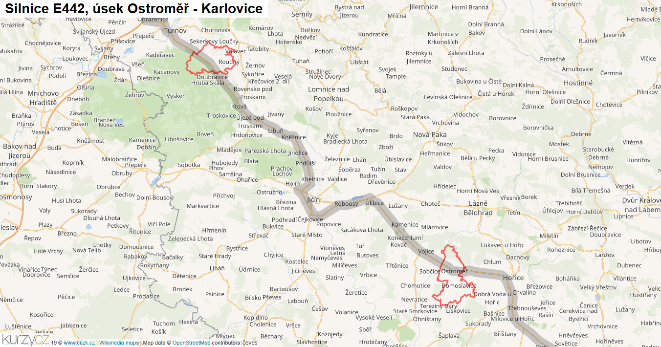 Úsek Ostroměř - Karlovice, Silnice E442 - Mapa