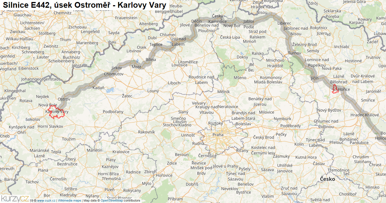Úsek Ostroměř - Karlovy Vary, Silnice E442 - Mapa