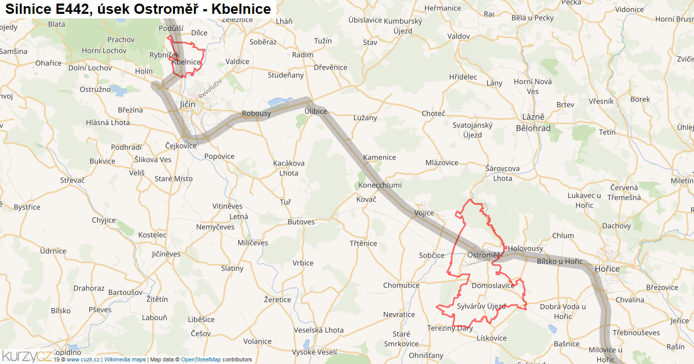 Úsek Ostroměř - Kbelnice, Silnice E442 - Mapa