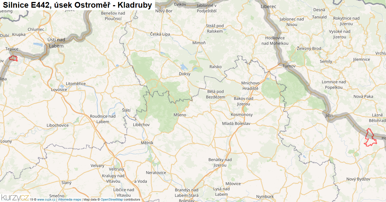 Úsek Ostroměř - Kladruby, Silnice E442 - Mapa