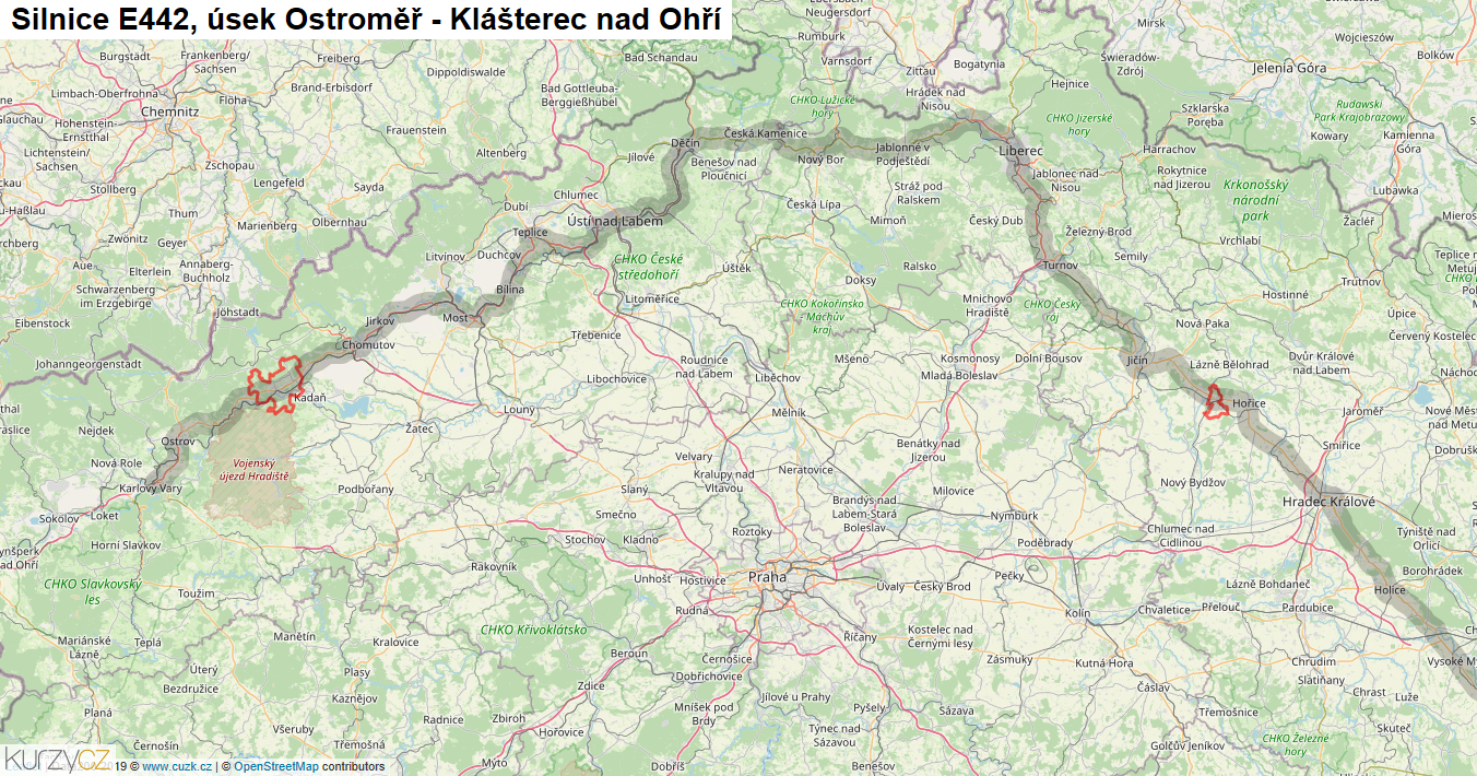 Úsek Ostroměř - Klášterec nad Ohří, Silnice E442 - Mapa