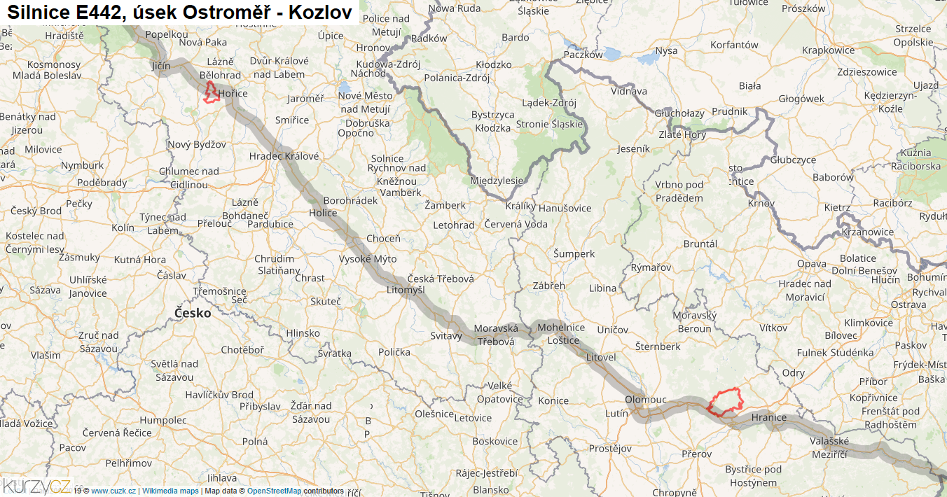 Úsek Ostroměř - Kozlov, Silnice E442 - Mapa