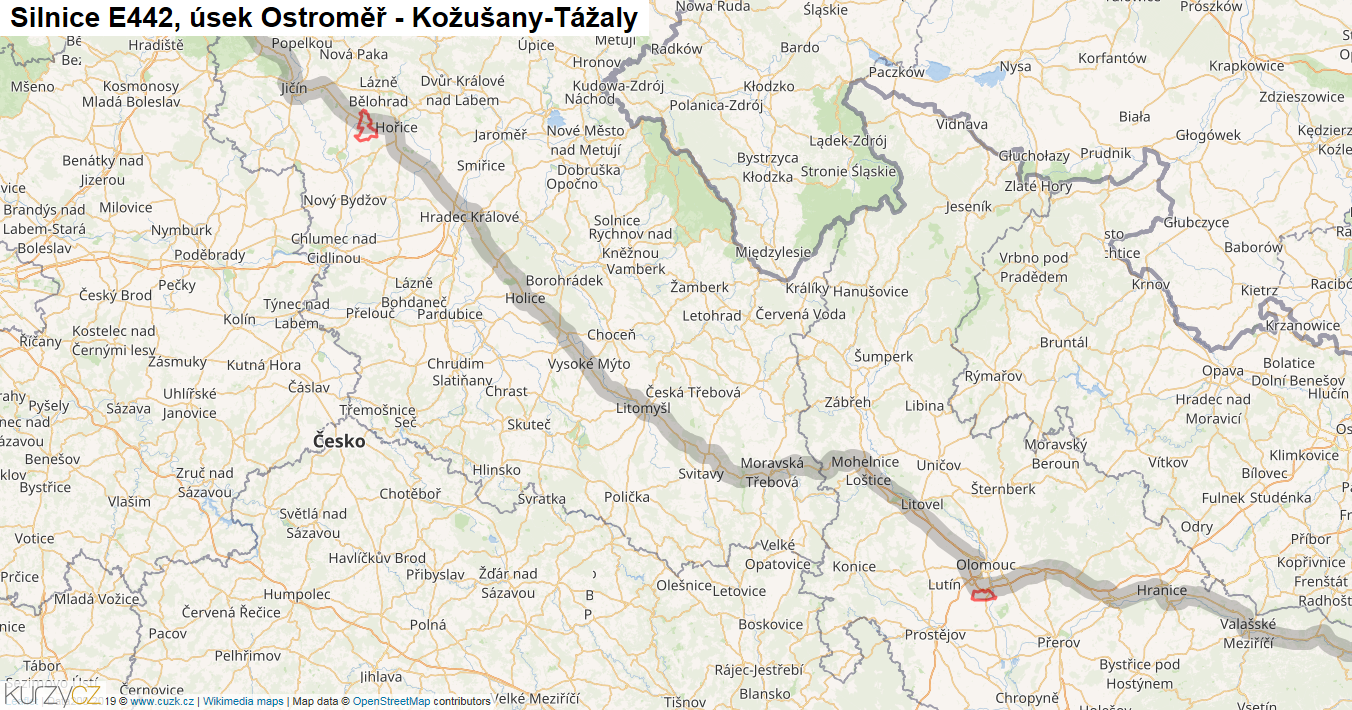 Úsek Ostroměř - Kožušany-Tážaly, Silnice E442 - Mapa
