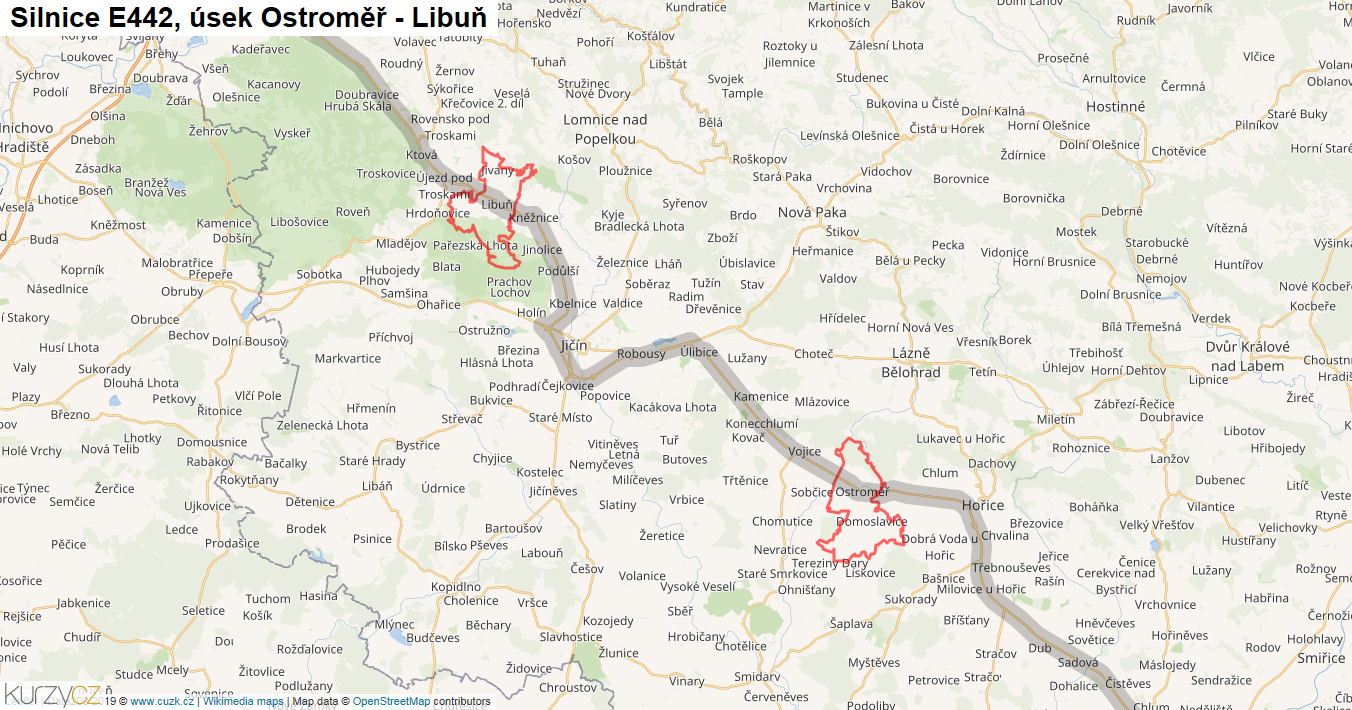 Úsek Ostroměř - Libuň, Silnice E442 - Mapa
