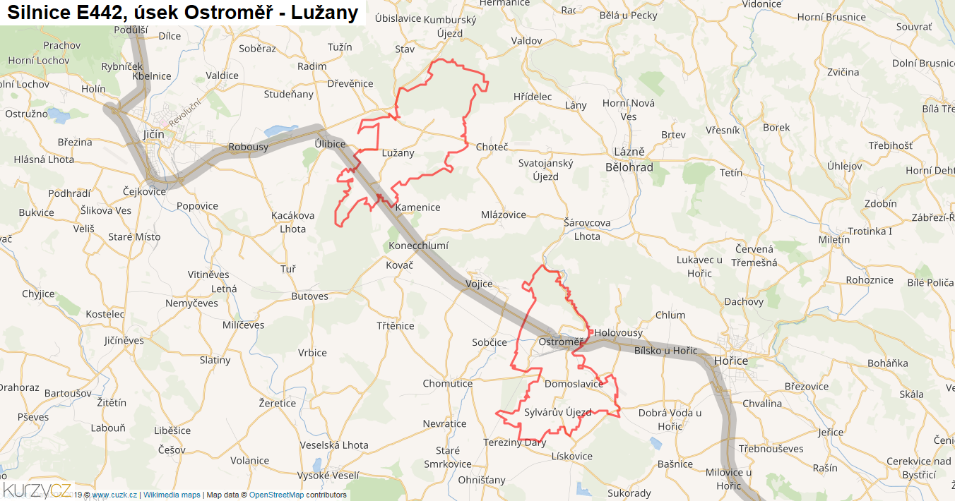 Úsek Ostroměř - Lužany, Silnice E442 - Mapa