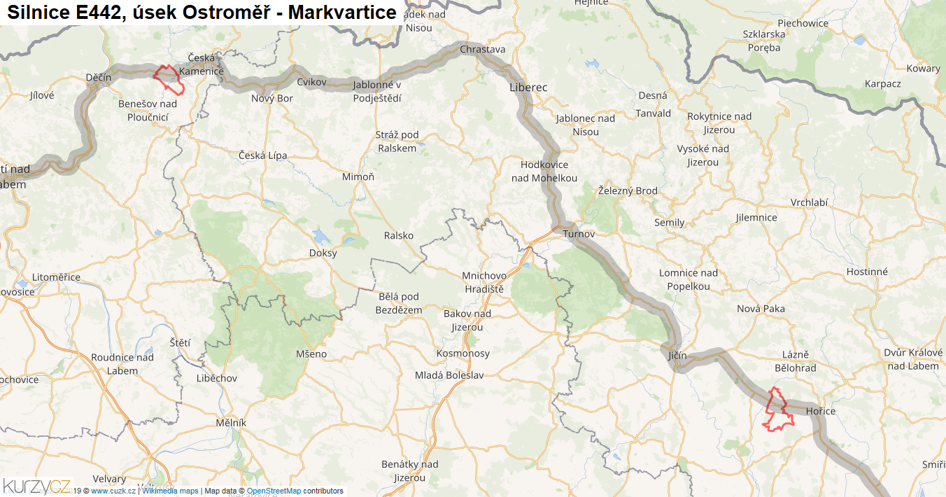 Úsek Ostroměř - Markvartice, Silnice E442 - Mapa