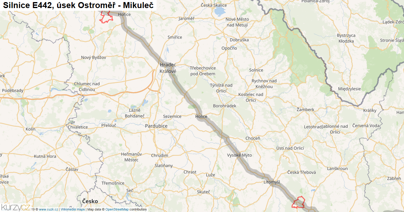 Úsek Ostroměř - Mikuleč, Silnice E442 - Mapa