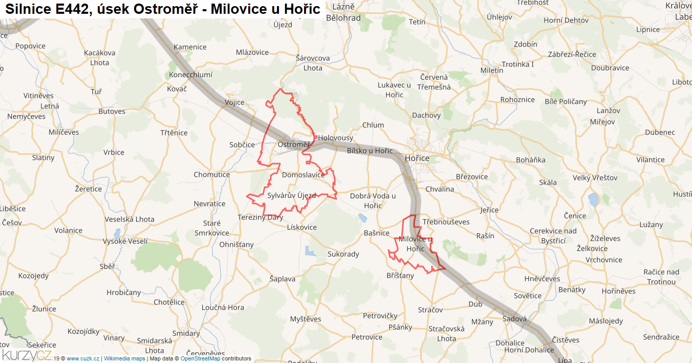 Úsek Ostroměř - Milovice u Hořic, Silnice E442 - Mapa