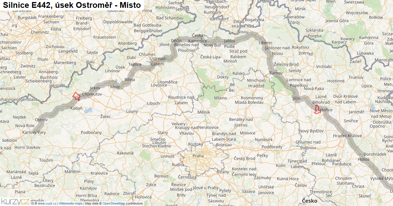 Úsek Ostroměř - Místo, Silnice E442 - Mapa