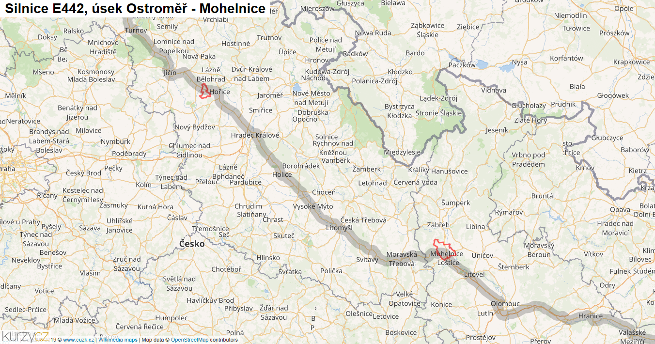 Úsek Ostroměř - Mohelnice, Silnice E442 - Mapa
