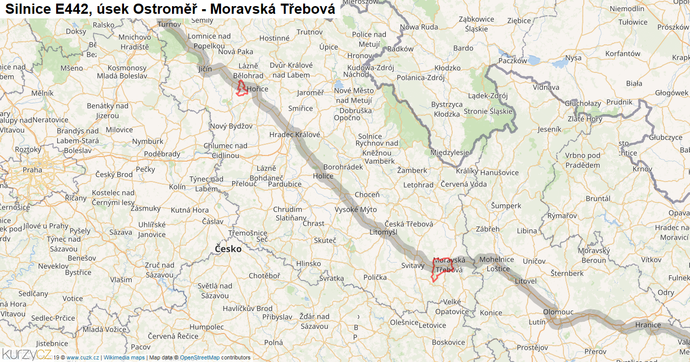 Úsek Ostroměř - Moravská Třebová, Silnice E442 - Mapa