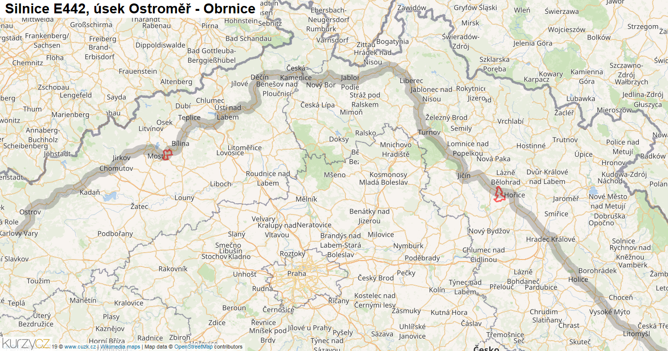 Úsek Ostroměř - Obrnice, Silnice E442 - Mapa