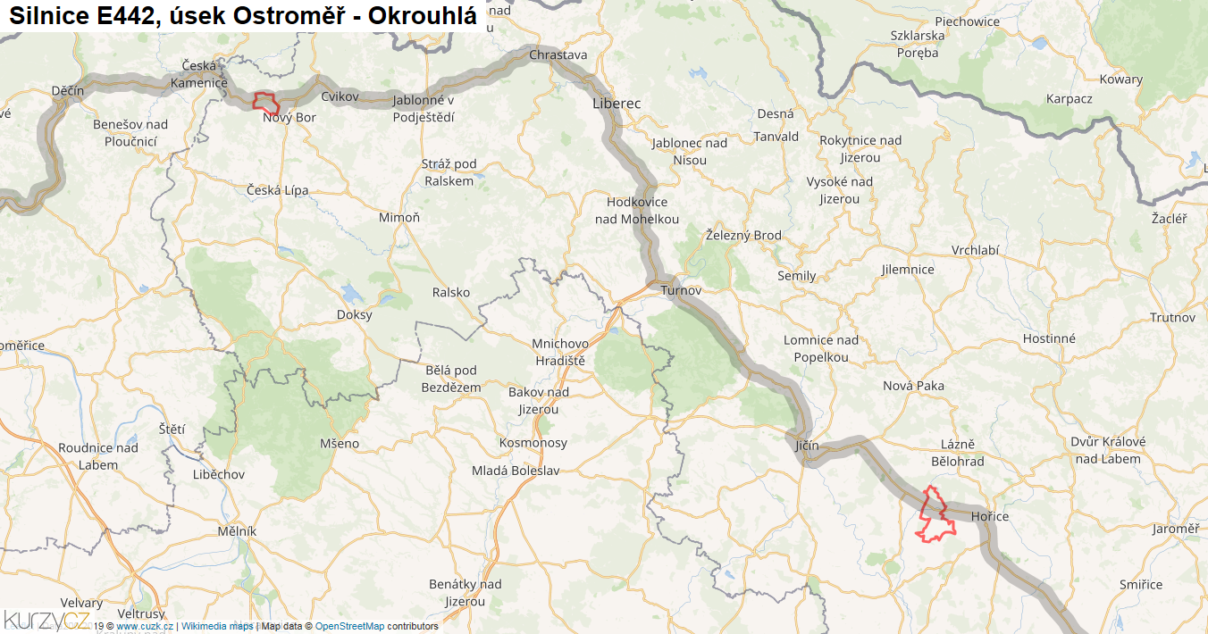 Úsek Ostroměř - Okrouhlá, Silnice E442 - Mapa