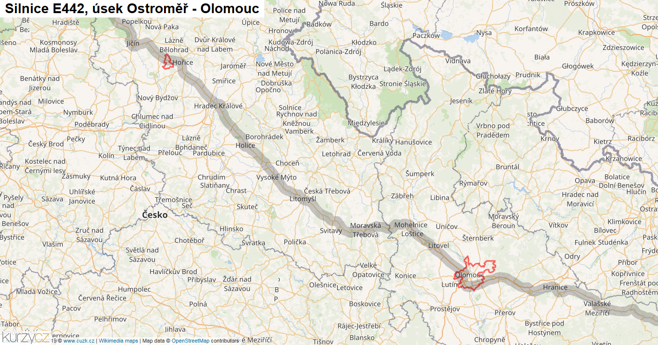 Úsek Ostroměř - Olomouc, Silnice E442 - Mapa