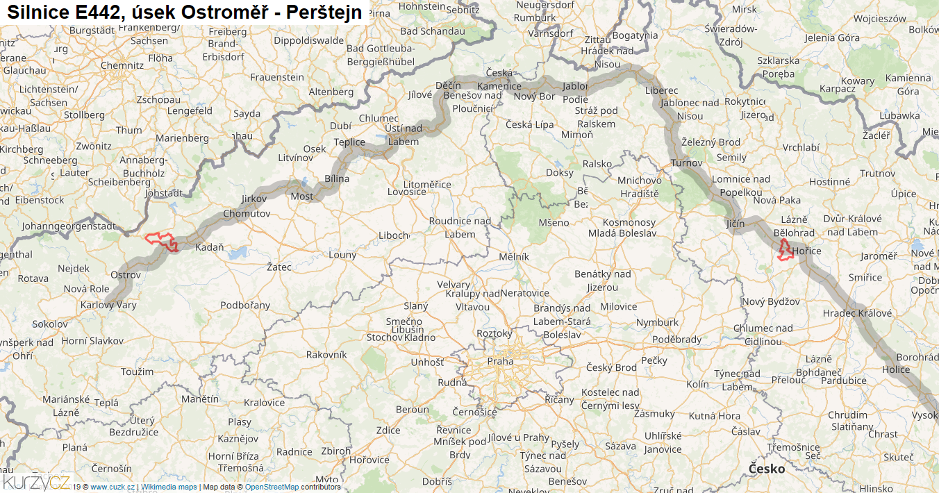 Úsek Ostroměř - Perštejn, Silnice E442 - Mapa