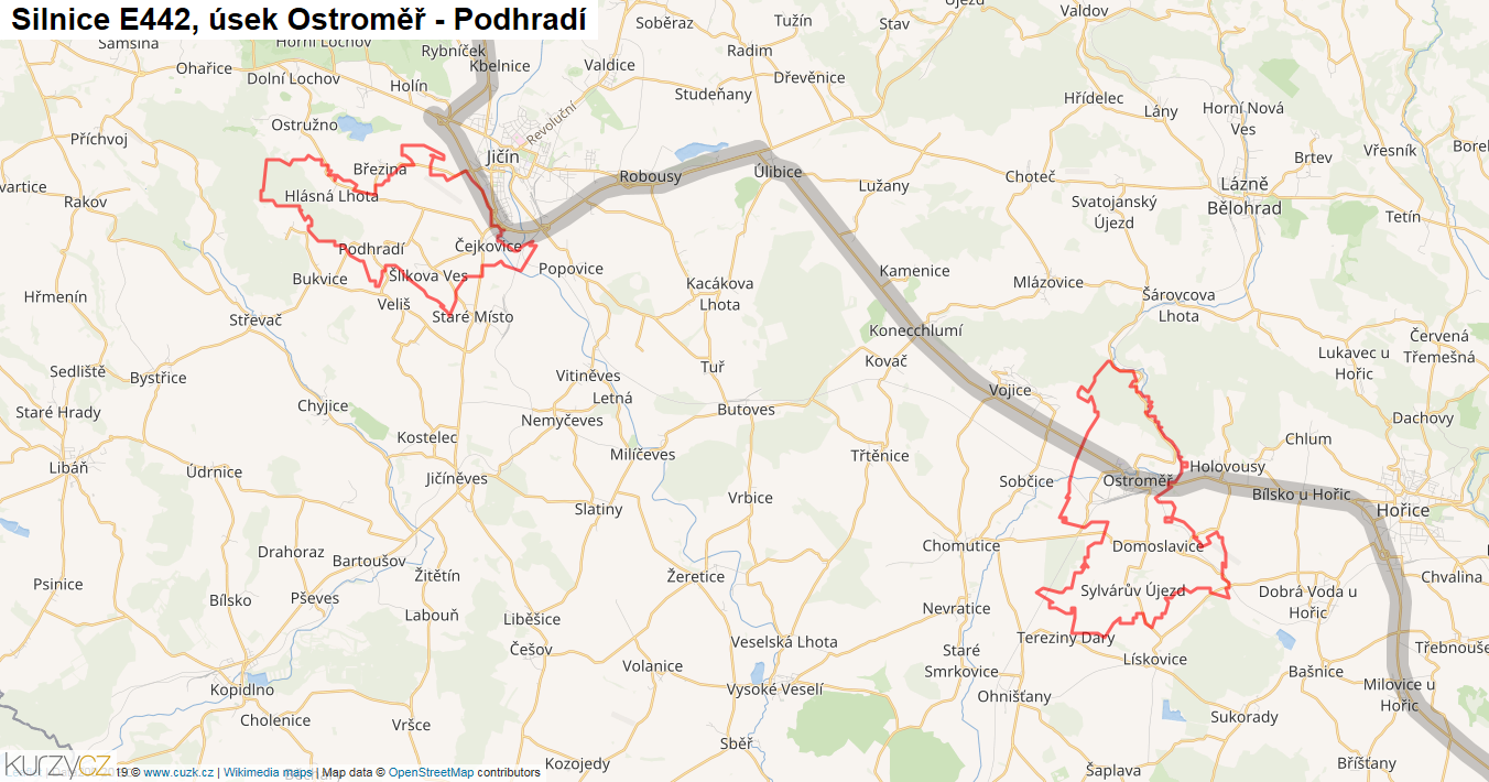 Úsek Ostroměř - Podhradí, Silnice E442 - Mapa