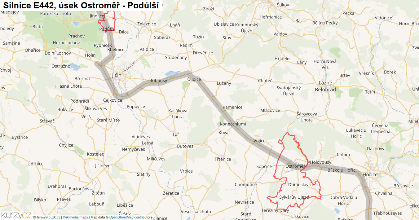 Úsek Ostroměř - Podůlší, Silnice E442 - Mapa