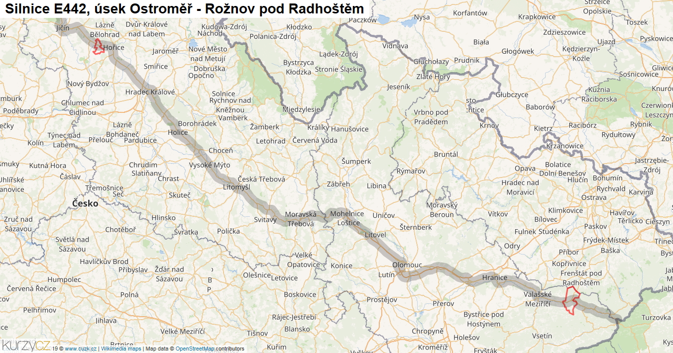 Úsek Ostroměř - Rožnov pod Radhoštěm, Silnice E442 - Mapa