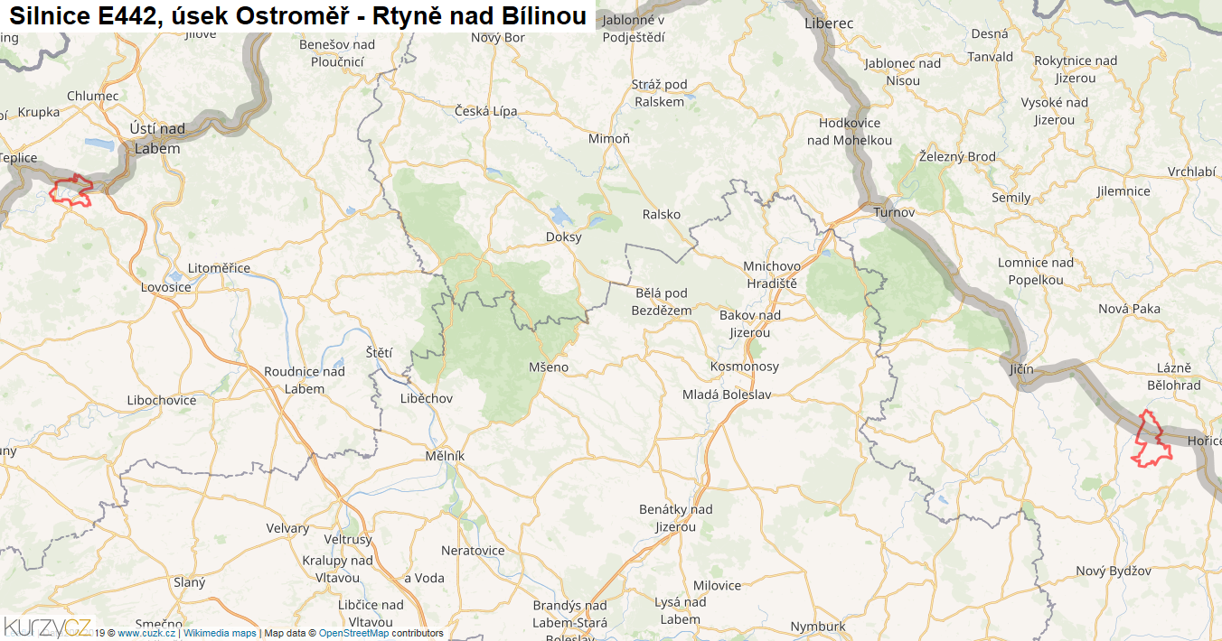 Úsek Ostroměř - Rtyně nad Bílinou, Silnice E442 - Mapa