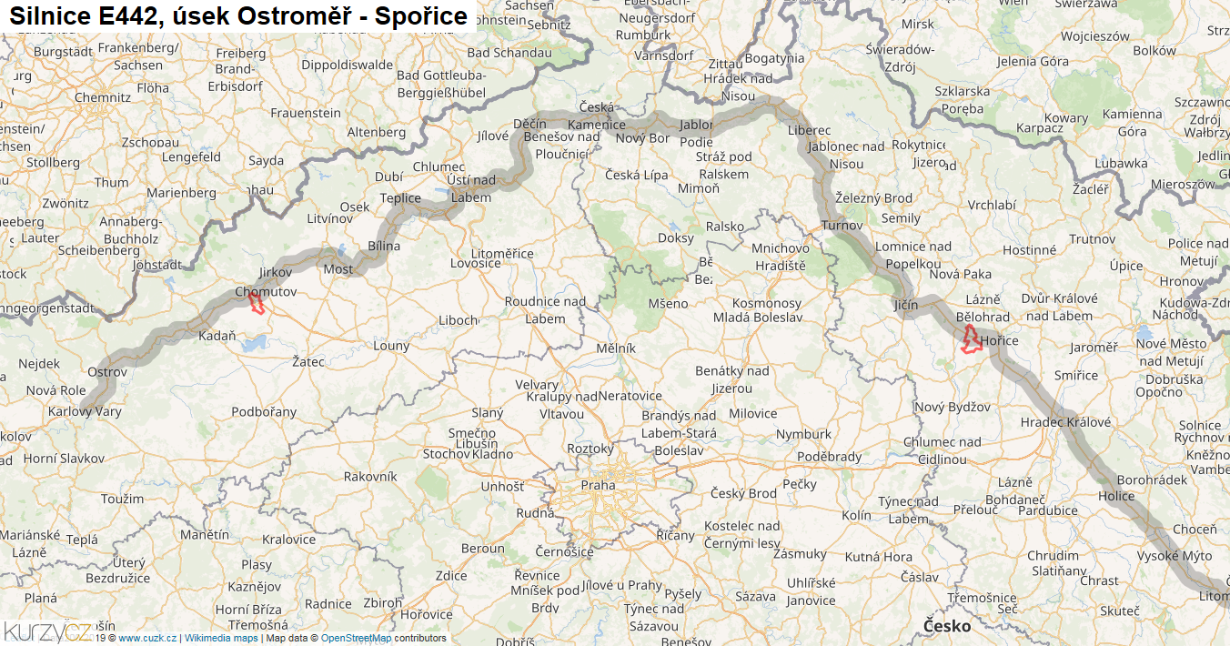 Úsek Ostroměř - Spořice, Silnice E442 - Mapa