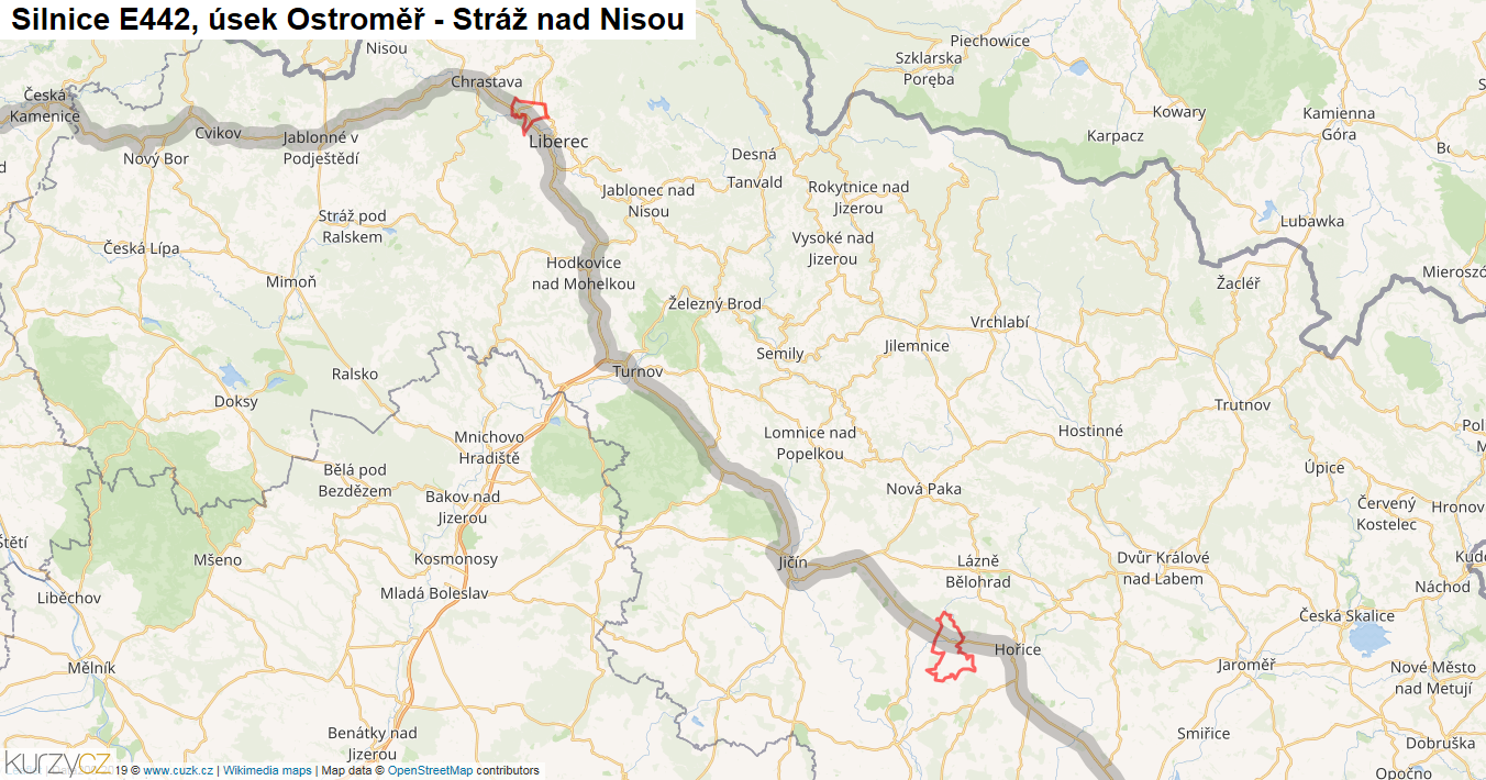 Úsek Ostroměř - Stráž nad Nisou, Silnice E442 - Mapa