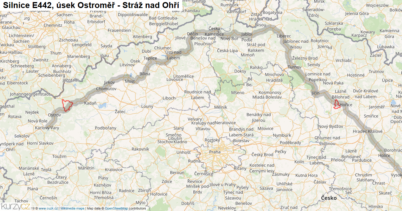 Úsek Ostroměř - Stráž nad Ohří, Silnice E442 - Mapa