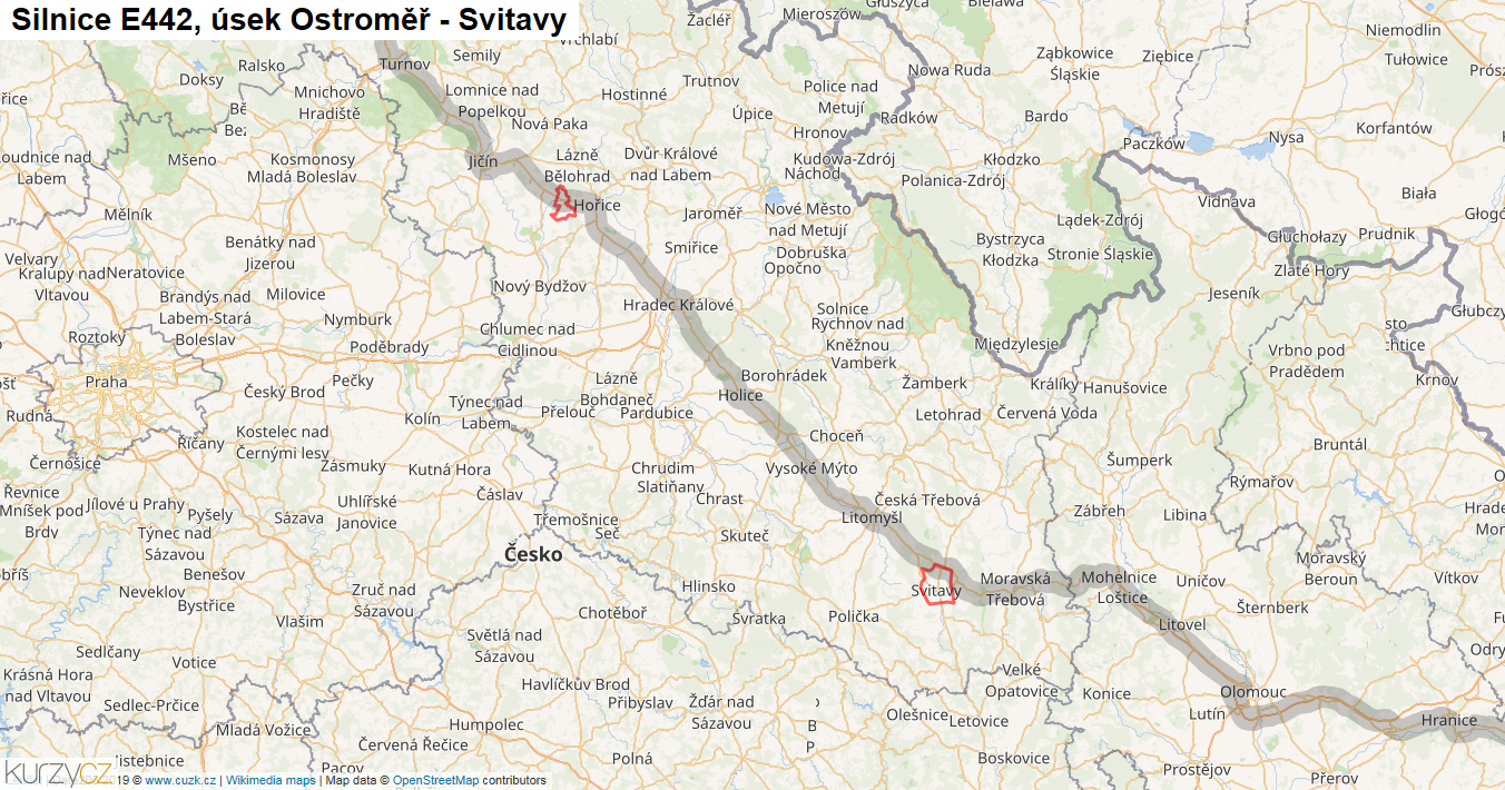 Úsek Ostroměř - Svitavy, Silnice E442 - Mapa