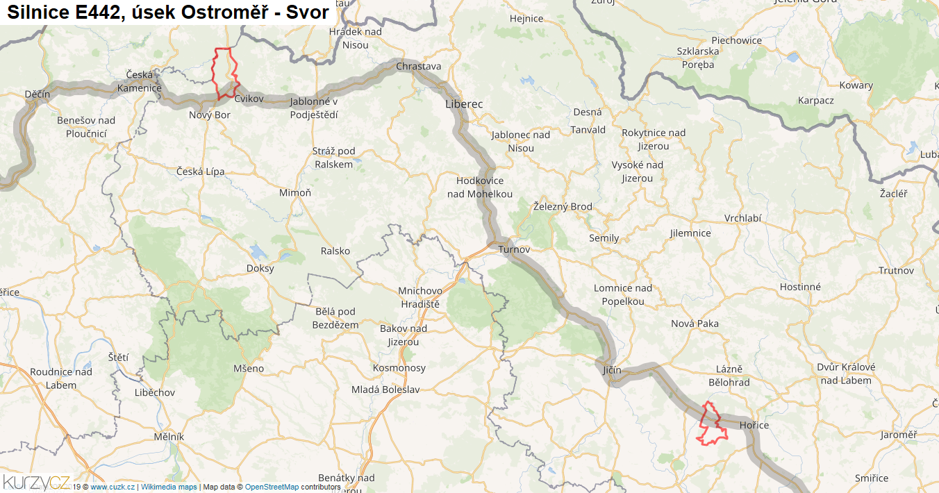Úsek Ostroměř - Svor, Silnice E442 - Mapa