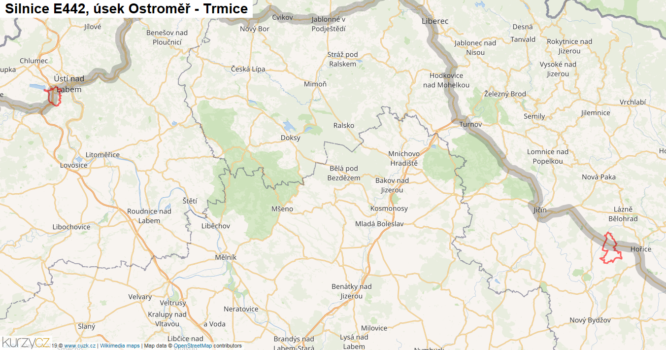 Úsek Ostroměř - Trmice, Silnice E442 - Mapa