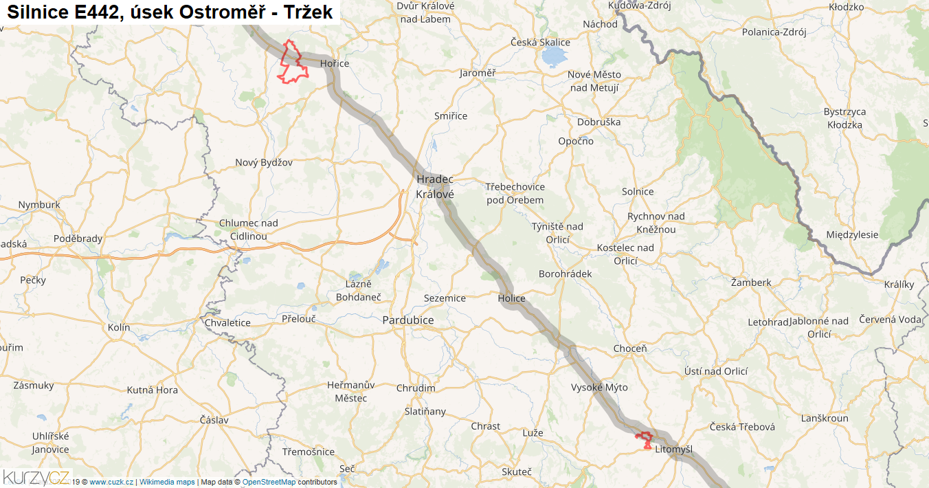 Úsek Ostroměř - Tržek, Silnice E442 - Mapa
