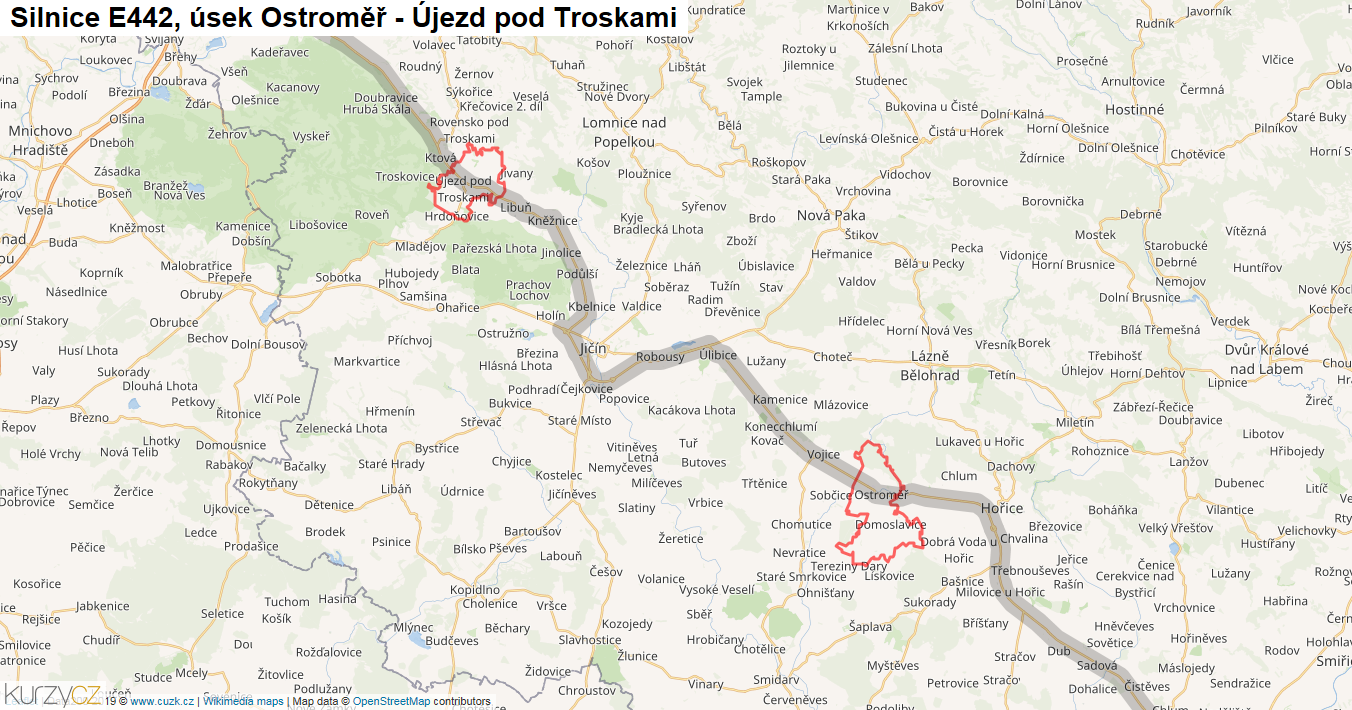 Úsek Ostroměř - Újezd pod Troskami, Silnice E442 - Mapa