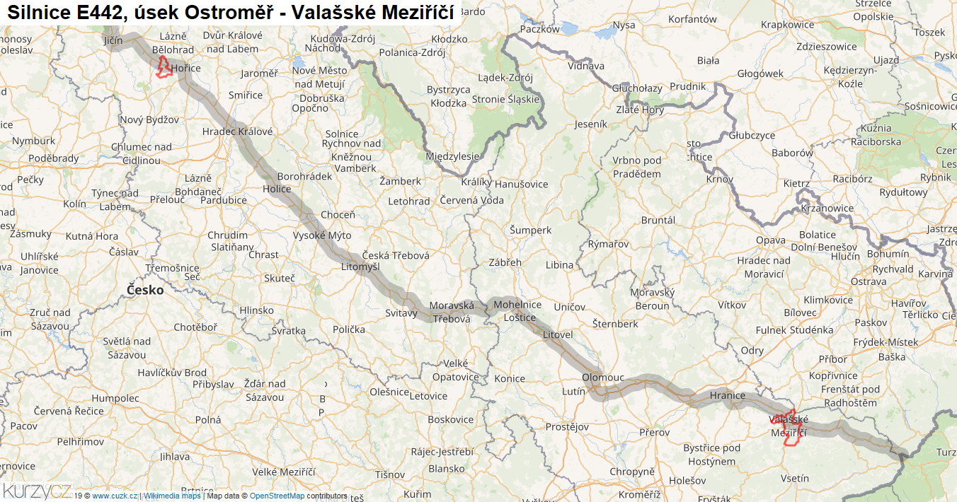 Úsek Ostroměř - Valašské Meziříčí, Silnice E442 - Mapa