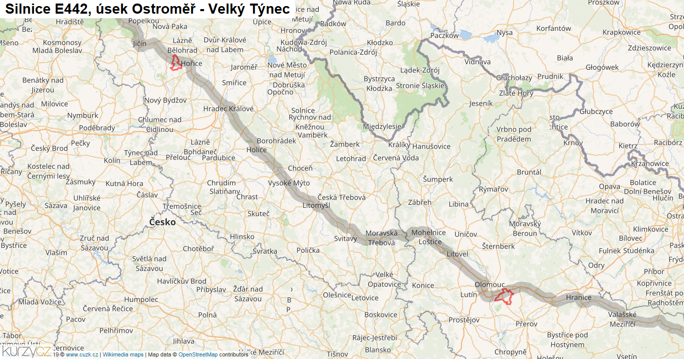 Úsek Ostroměř - Velký Týnec, Silnice E442 - Mapa