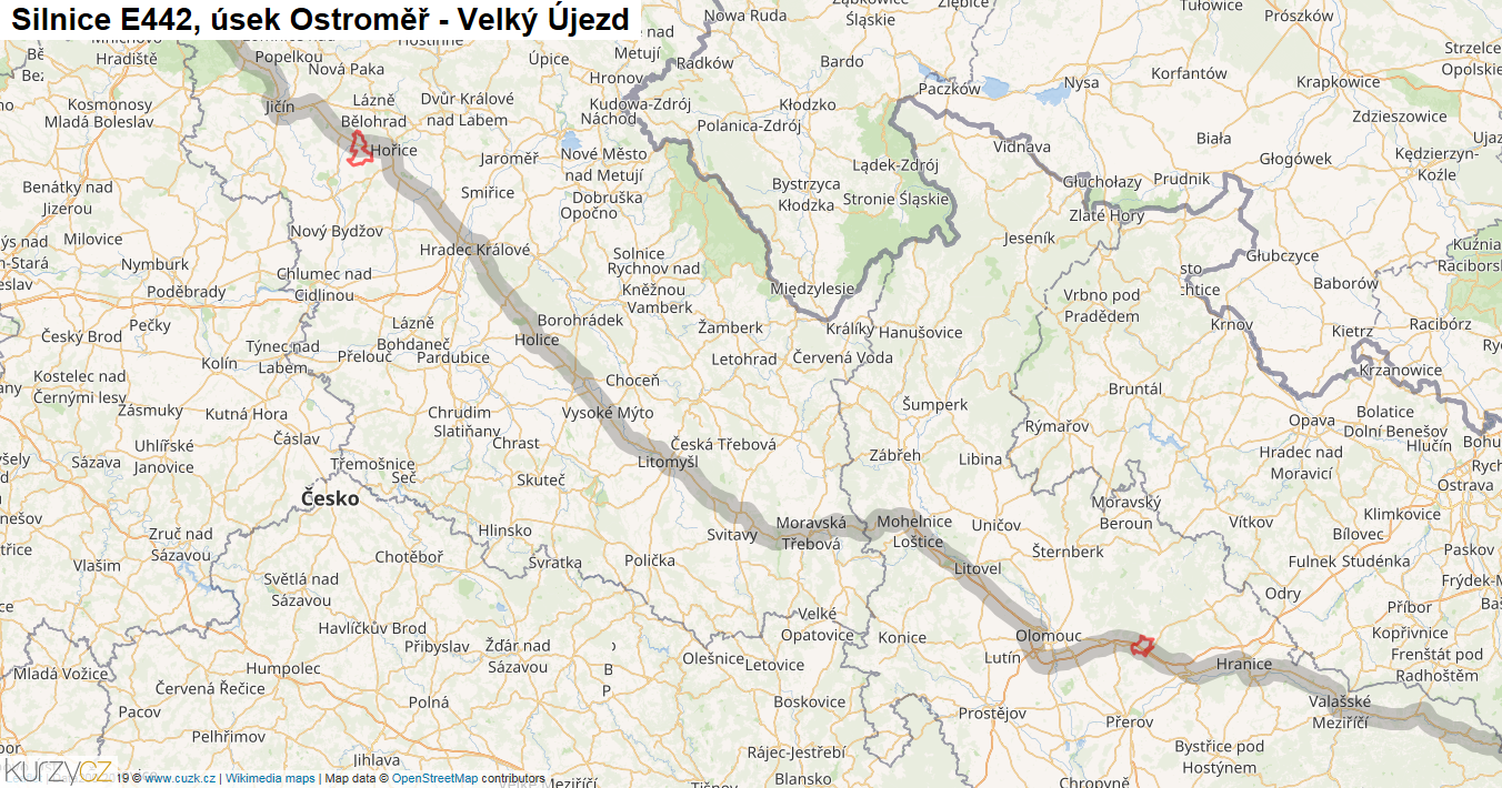 Úsek Ostroměř - Velký Újezd, Silnice E442 - Mapa