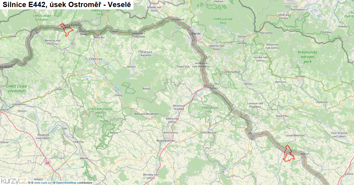 Úsek Ostroměř - Veselé, Silnice E442 - Mapa