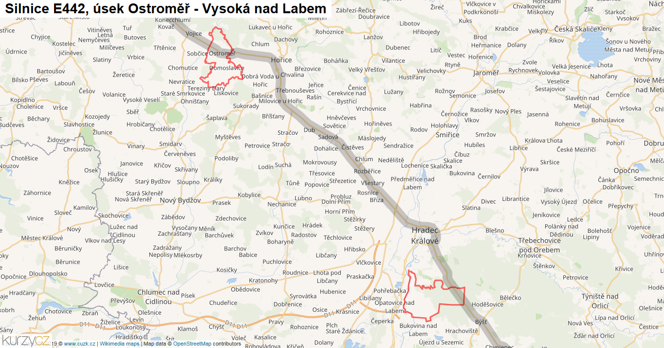 Úsek Ostroměř - Vysoká nad Labem, Silnice E442 - Mapa